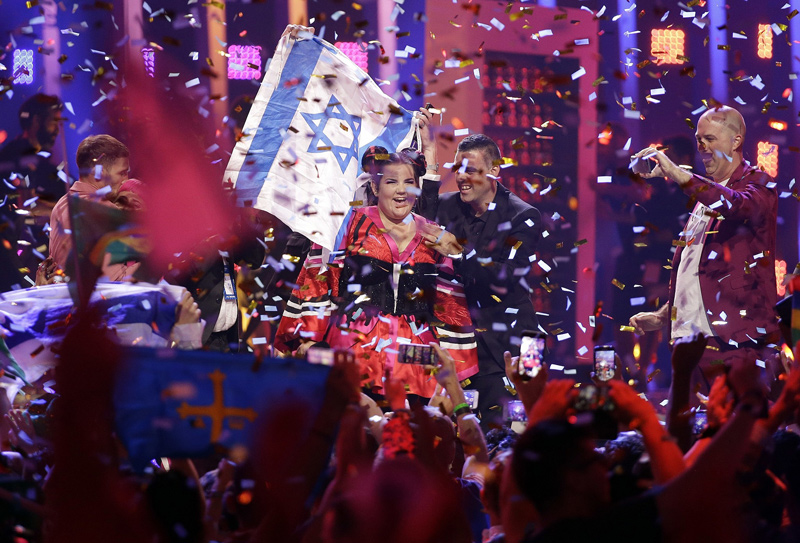 Netta Barzilai celebrates after winning the Eurovision Song Contest grand final in Lisbon, Portugal, May 12, 2018.