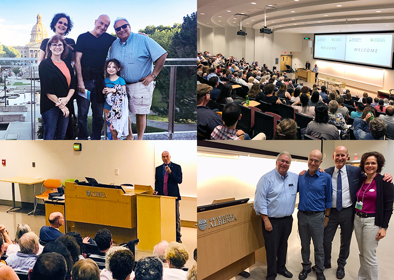 (Clockwise) - Debbie Sniderman, Western Region Executive Director Dina Wachtel, Prof. Yovell and his daughter Naomi, Chapter President Howie Sniderman; Prof. Yovell presenting; Howie Sniderman, Prof. Yovell, University of Alberta Vice President of research Wally Dickson, Dina Wachtel; Prof. Yovell at the podium. 