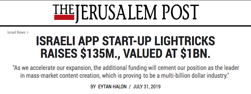 Jerusalem Post header - Israeli app start-up Lightricks raises $135m, valued at $1bn - 