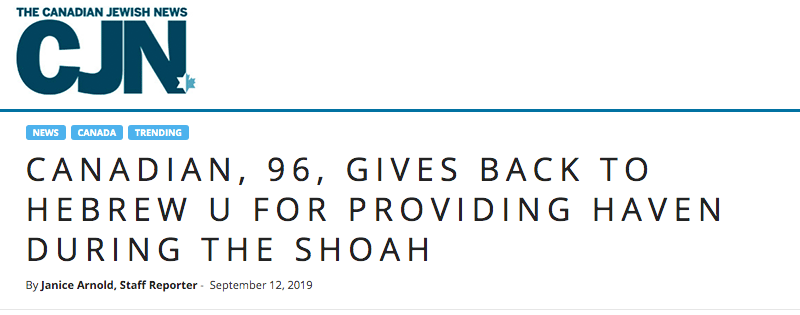 CJN header - Canadian, 96, gives back to Hebrew U for providing haven during the Shoah