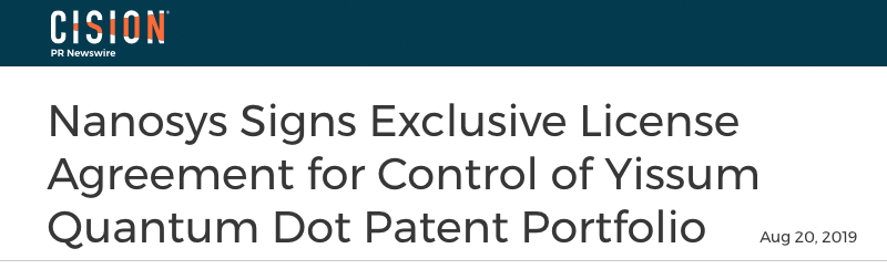 Cision header - Nanosys Signs Exclusive License Agreement for Control of Yissum Quantum Dot Patent Portfolio