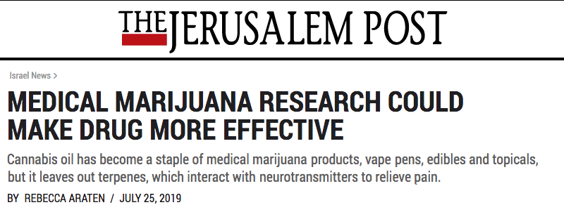 Jerusalem Post header - MEDICAL MARIJUANA RESEARCH COULD MAKE DRUG MORE EFFECTIVE - Cannabis oil has become a staple of medical marijuana products, vape pens, edibles and topicals, but it leaves out terpenes, which interact with neurotransmitters to relieve pain.