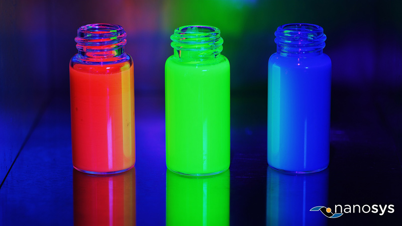 Nanosys Heavy Metal Free Quantum Dots: Image shows vials containing Nanosys state-of-the art Quantum Dot technology emitting red, green and blue light.