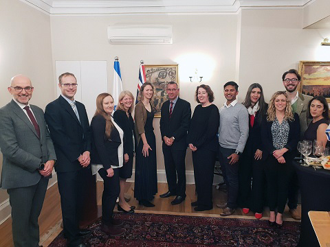 LtR: Andy Williams, Chief Operating Officer, British Council, Dr. David Wright, Queens University Belfast, Dr. Ioana Olan, Cambridge, Prof. Lynne Cox, Oxford, Marieke Rienks, Kings College, His Excellency Mark Regev, Ann Berger, CEO (Rosetrees), Dr Vineeth Rajkumar, Head of Research (Rosetrees), Ravit Capauner, British Council, Sorrel Bickley, Head of research (MS Society), Ben Barlev (TAU Trust), Shira Schnizer, Cambridge University, Development Office