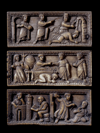 Circa 430 CE casket; one of three panels; ivory, carved in relief with St Paul conversing with Thecla, left and the Stoning of St Paul, right; the two scenes divided by a half-rounded arch: in the first scene Thecla appears behind the wall of a building, resting her head on her hand.