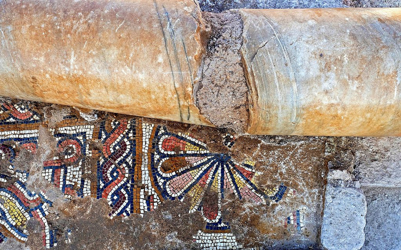 Mosaics exposed from the floor of the Byzantine-era church in Ramat Beit Shemesh, October 2019.