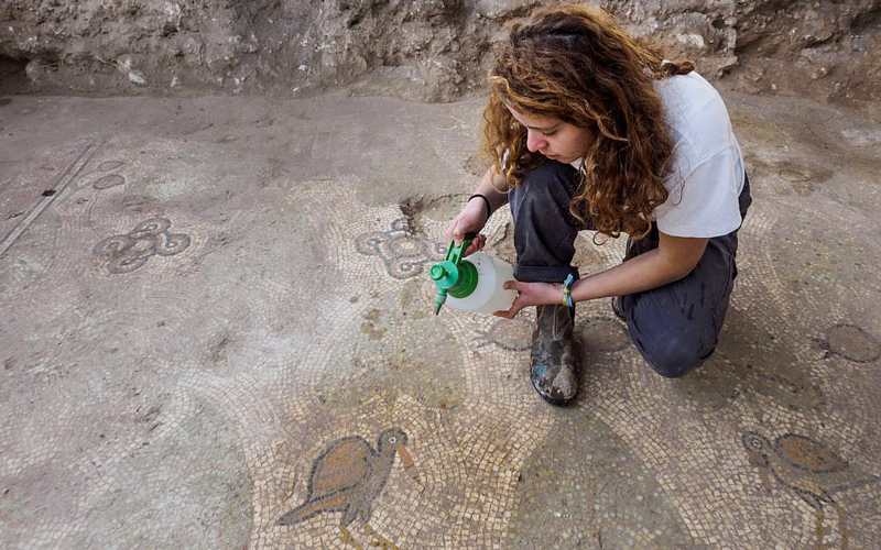 Excavating the mosaic floor at a Byzantine-period church complex found in Ramat Beit Shemesh, 2017.