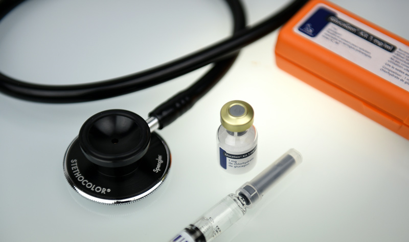 A solution destiny syringe treatment for severe hypoglycemia that may occur in diabetics using insulin.