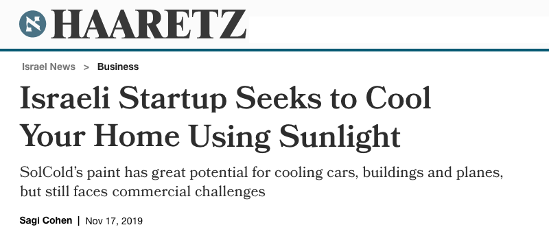 Haaretz header - Israeli Startup Seeks to Cool Your Home Using Sunlight - SolCold’s paint has great potential for cooling cars, buildings and planes, but still faces commercial challenges