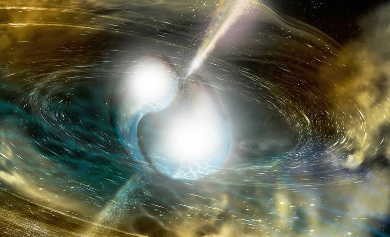 An artist's illustration of two merging neutron stars.