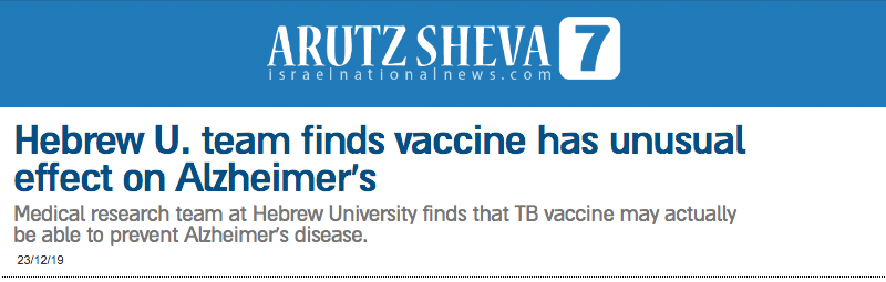 Hebrew U. team finds vaccine has unusual effect on Alzheimer's - Medical research team at Hebrew University finds that TB vaccine may actually be able to prevent Alzheimer's disease.