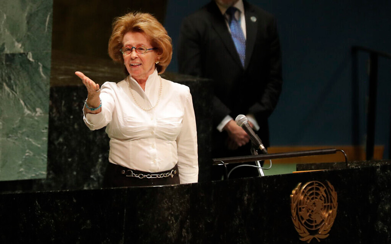 PHOTO 1 - Holocaust survivor Irene Shashar acknowledges applause after speaking during a Holocaust memorial event at U.N. headquarters, Monday, January 27, 2020.