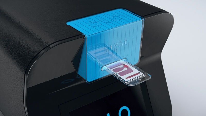 A tiny cartridge of blood is all it takes for the OLO analyzer to perform a Complete Blood Count.