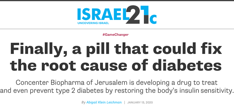 Israel21c header - Finally, a pill that could fix the root cause of diabetes - Concenter Biopharma of Jerusalem is developing a drug to treat and even prevent type 2 diabetes by restoring the body’s insulin sensitivity.