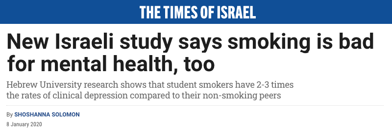 Times of Israel header - New Israeli study says smoking is bad for mental health, too - Hebrew University research shows that student smokers have 2-3 times the rates of clinical depression compared to their non-smoking peers