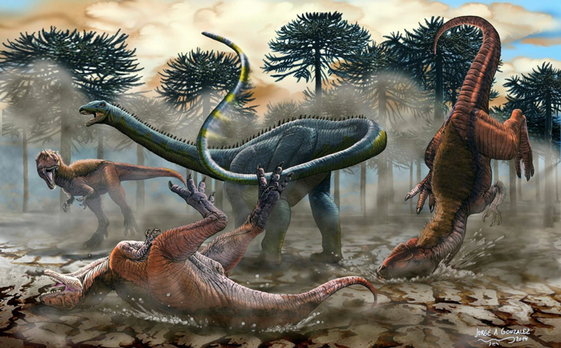 Leinkupal laticaudas fending off predators; all the dinosaurs shown here were warm-blooded