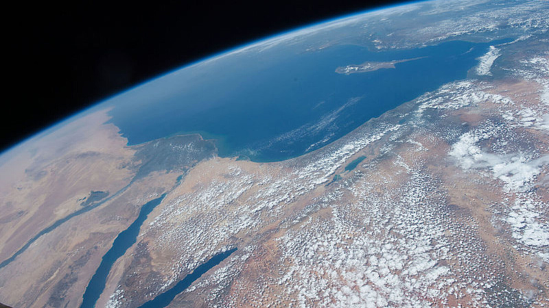 The Middle East is seen from 250 miles above in this photo from the International Space Station. Countries seen, left to right, along the Mediterranean coast include Egypt, Israel, Lebanon, Syria, Saudi Arabia and Turkey.