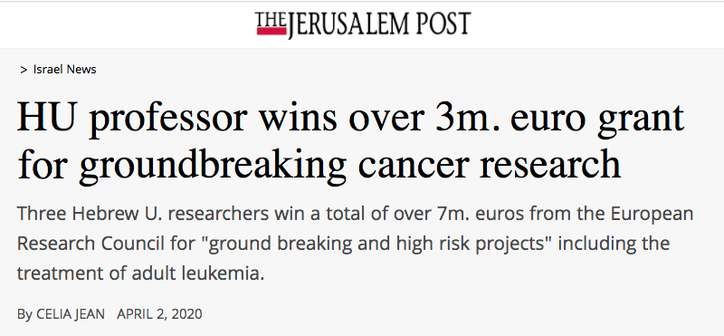 Jerusalem Post header - HU professor wins over 3m. euro grant for groundbreaking cancer research - Three Hebrew U. researchers win a total of over 7m. euros from the European Research Council for 