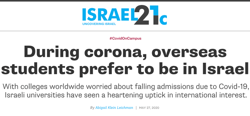 ISRAEL21c header - During corona, overseas students prefer to be in Israel - With colleges worldwide worried about falling admissions due to Covid-19, Israeli universities have seen a heartening uptick in international interest.