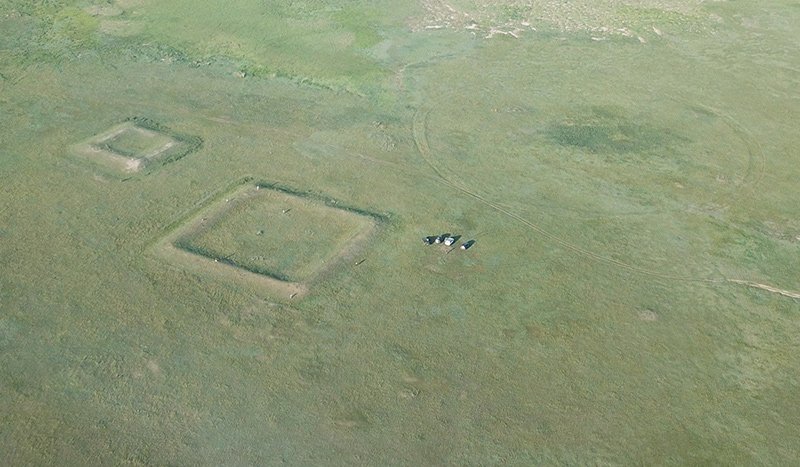 Aerial view of 2 of the 72 structures found.