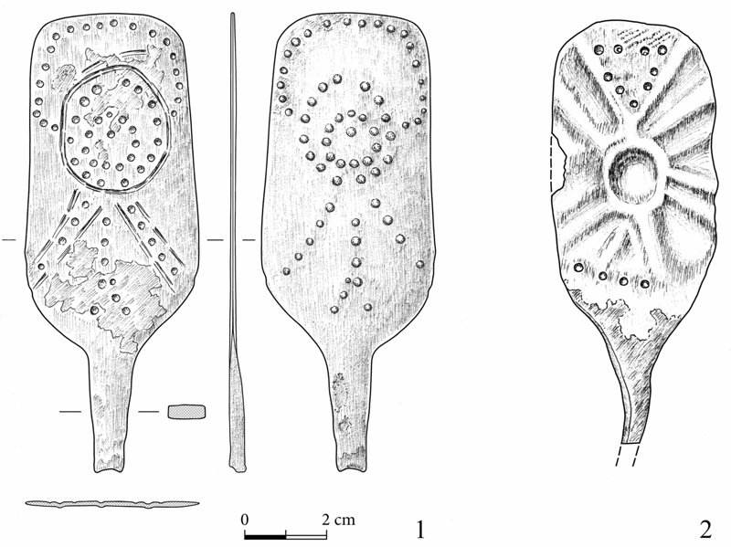 Drawings of two sceptres: 1) Lachish: life-sized sceptre; 2) Megiddo: miniature sceptre (not to scale).