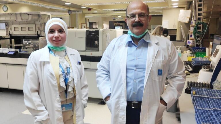 Dr. Abd Al-Roof Higazi, right, and lab manager Suhair Abdeen at Hadassah University Medical Center.