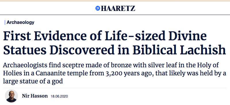 Haaretz header - First Evidence of Life-sized Divine Statues Discovered in Biblical Lachish Archaeologists find sceptre made of bronze with silver leaf in the Holy of Holies in a Canaanite temple from 3,200 years ago, that likely was held by a large statue of a god