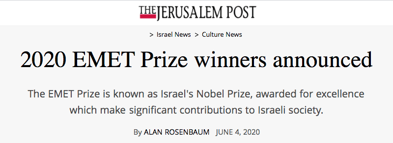 Jerusalem Post header - 2020 EMET Prize winners announced - The EMET Prize is known as Israel's Nobel Prize, awarded for excellence which make significant contributions to Israeli society.