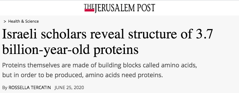 Jerusalem Post header - Israeli scholars reveal structure of 3.7 billion-year-old proteins - Proteins themselves are made of building blocks called amino acids, but in order to be produced, amino acids need proteins.