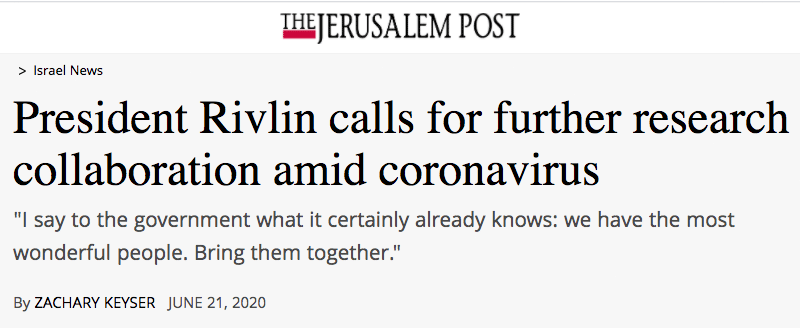 Jerusalem Post header - President Rivlin calls for further research collaboration amid coronavirus - "I say to the government what it certainly already knows: we have the most wonderful people. Bring them together."