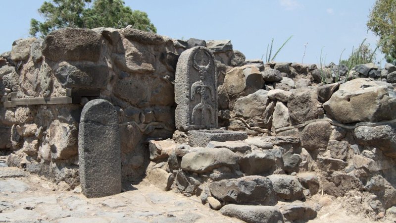 Ruins of a city gate and pagan stele at the Et-Tel archaeological site at Bethsaida.