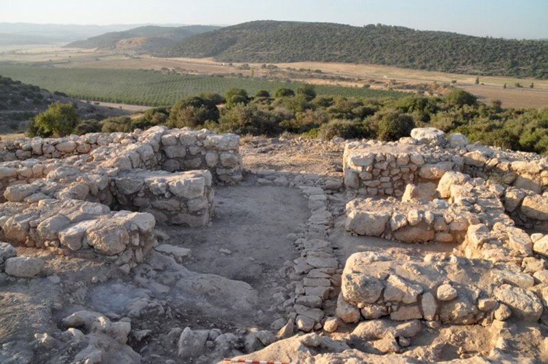 The southern Iron Age city gate of Khirbet Qeiyafa, with the Valley of Elah in front.