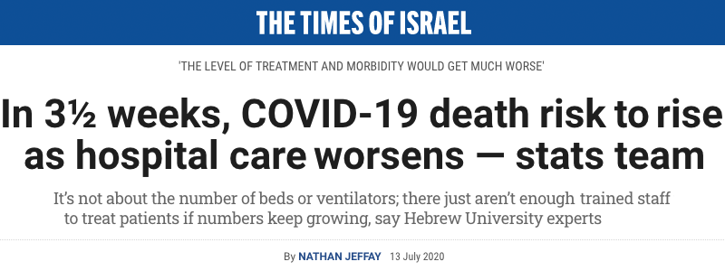 The Times of Isreal header - 'THE LEVEL OF TREATMENT AND MORBIDITY WOULD GET MUCH WORSE' In 3½ weeks, COVID-19 death risk to rise as hospital care worsens — stats team It’s not about the number of beds or ventilators; there just aren’t enough trained staff to treat patients if numbers keep growing, say Hebrew University experts