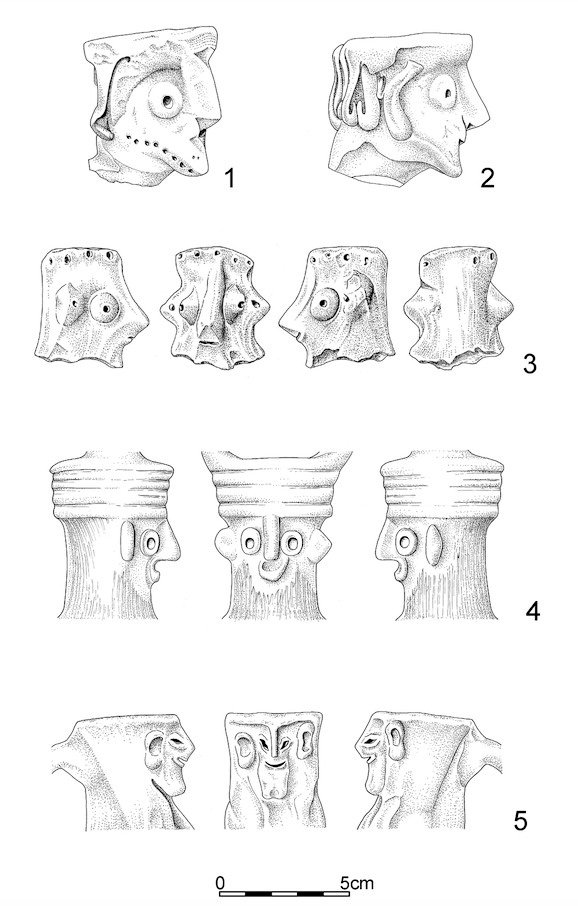 Drawings of the various heads that depict a large male head from the Kingdom of Judah, dated to the 10th-9th centuries BCE (drawing by Olga Dobovsky).