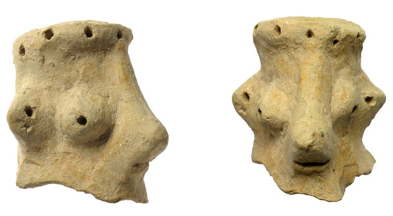 The face of Yahweh? Views of a clay head dated to the 10th century BC, found at Khirbet Qeiyafa.