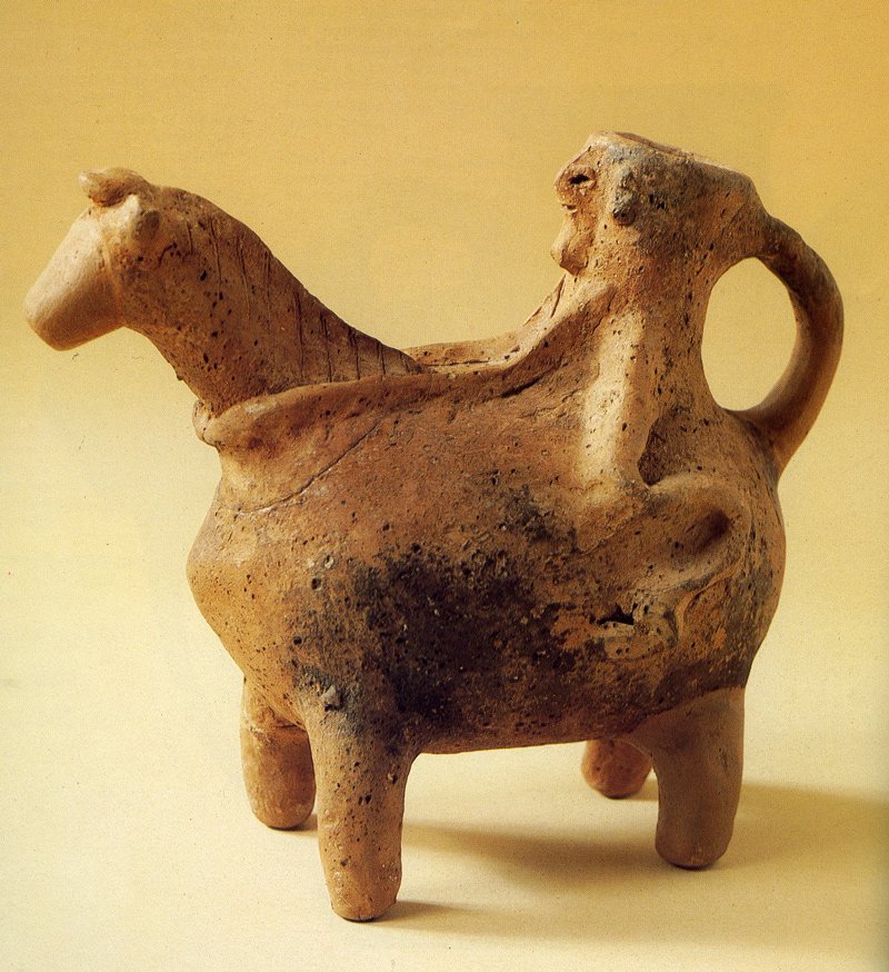 Yahweh on a horse? A pottery vessel in the shape of a horseman, from the Moshe Dayan collection. It was bought in the Hebron Area and dated to the 10th-9th centuries BCE.