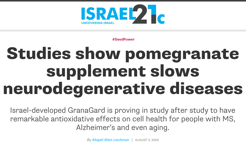 ISRAEL21c header - Studies show pomegranate supplement slows neurodegenerative diseases - Israel-developed GranaGard is proving in study after study to have remarkable antioxidative effects on cell health for people with MS, Alzheimer’s and even aging.