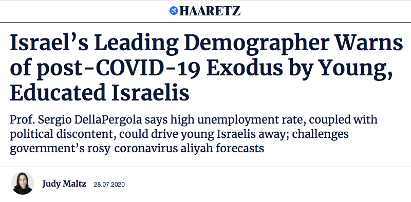 Haaretz header - Israel’s Leading Demographer Warns of post-COVID-19 Exodus by Young, Educated Israelis - Prof. Sergio DellaPergola says high unemployment rate, coupled with political discontent, could drive young Israelis away; challenges government’s rosy coronavirus aliyah forecasts