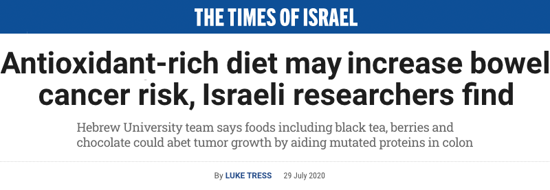 The Times of Israel header - Antioxidant-rich diet may increase bowel cancer risk, Israeli researchers find - Hebrew University team says foods including black tea, berries and chocolate could abet tumor growth by aiding mutated proteins in colon