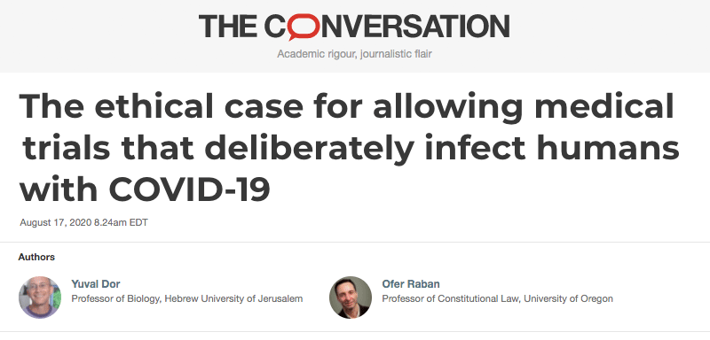 The Conversation header - The ethical case for allowing medical trials that deliberately infect humans with COVID-19