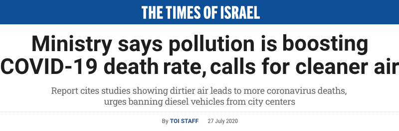 The Times of Israel header - Ministry says pollution is boosting COVID-19 death rate, calls for cleaner air - Report cites studies showing dirtier air leads to more coronavirus deaths, urges banning diesel vehicles from city centers