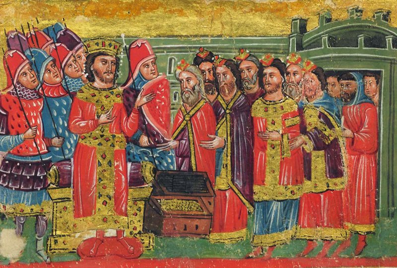 A 14th-century miniature Greek manuscript depicting scenes from the life of Alexander the Great. Here, rabbis wearing distintice ceremonial robes and caps, offer Alexander the Great gold and silver. The whole scene is depicted entirely in Byzantine fashion of the late Byzantine period (1204-1453).