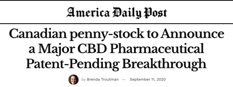 America Daily Post header - Canadian penny-stock to Announce a Major CBD Pharmaceutical Patent-Pending Breakthrough