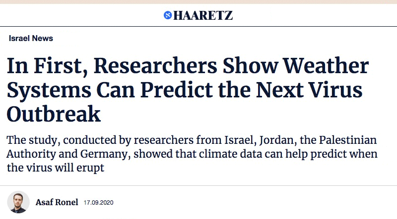 Haaretz header - In First, Researchers Show Weather Systems Can Predict the Next Virus Outbreak - The study, conducted by researchers from Israel, Jordan, the Palestinian Authority and Germany, showed that climate data can help predict when the virus will erupt