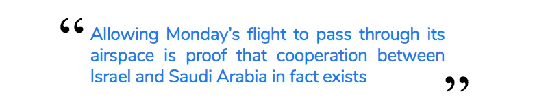 Allowing Monday’s flight to pass through its airspace is proof that cooperation between Israel and Saudi Arabia in fact exists