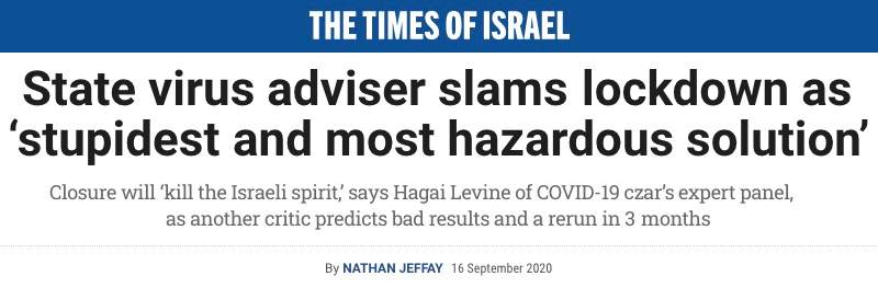 The Times of Israel header - State virus adviser slams lockdown as ‘stupidest and most hazardous solution’ - Closure will ‘kill the Israeli spirit,’ says Hagai Levine of COVID-19 czar’s expert panel, as another critic predicts bad results and a rerun in 3 months