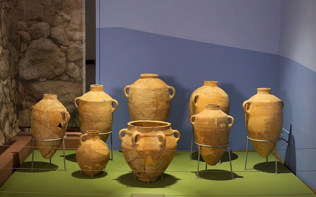 Ceramic jars from Khirbet Qeiyafa on display at The Bible Lands Museum.