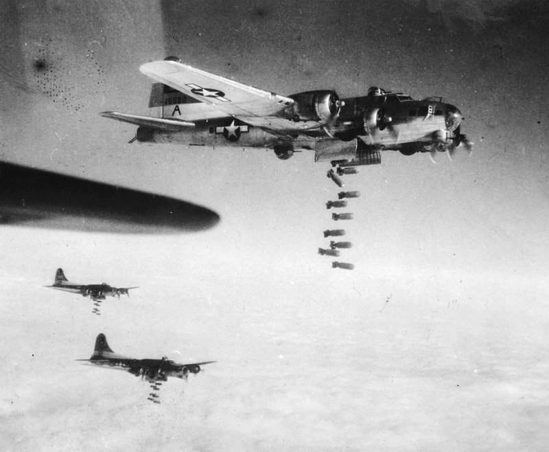 B-17 Flying Fortresses as they drop their bombs over German communication lines at Chemnitz, near Dresden, on February 6, 1945.