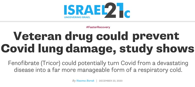 Israel21c header - Veteran drug could prevent Covid lung damage, study shows - Fenofibrate (Tricor) could potentially turn Covid from a devastating disease into a far more manageable form of a respiratory cold.