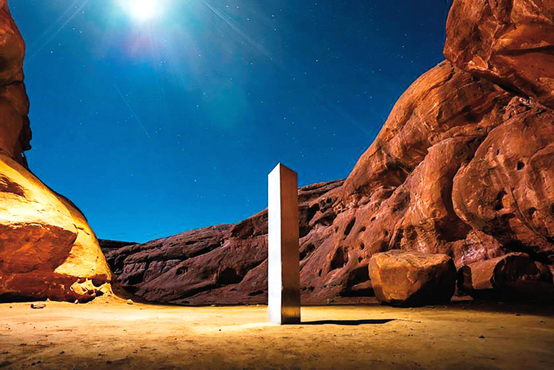 This Nov. 27, 2020 photo by Terrance Siemon shows a monolith that was placed in a red-rock desert in an undisclosed location in San Juan County southeastern Utah.